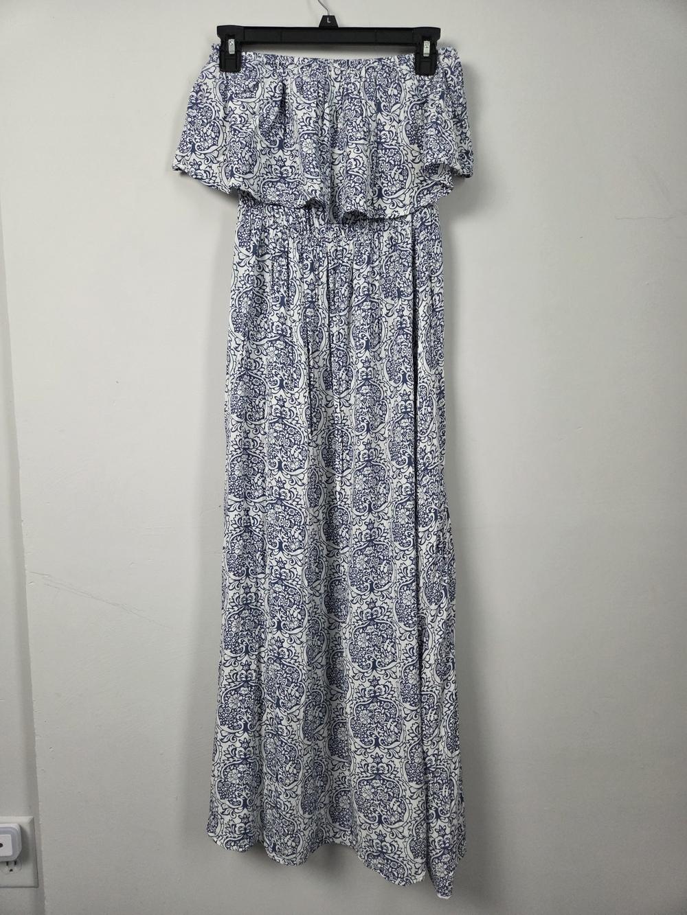 Blue & White Strapless Printed Maxi Dress